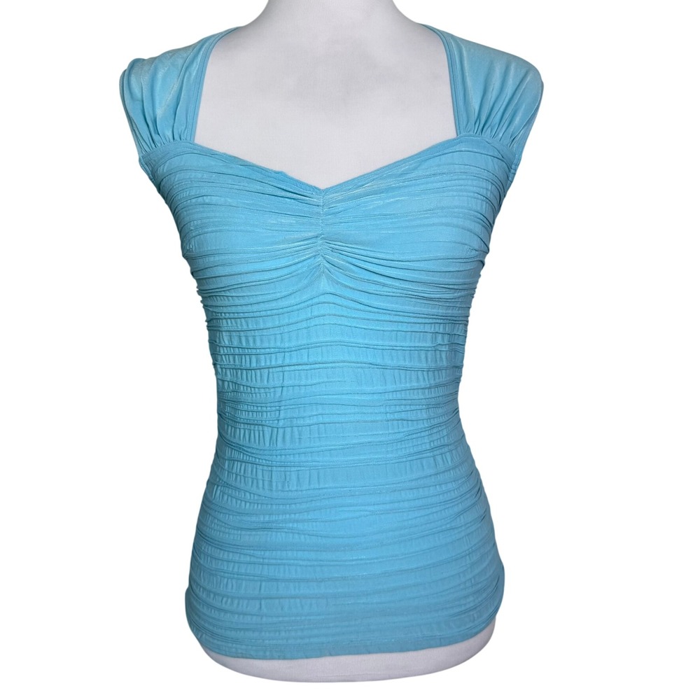 WOLFORD Women's Small Turquoise Blue Pleated Ruched Sweetheart Sleeveless Top